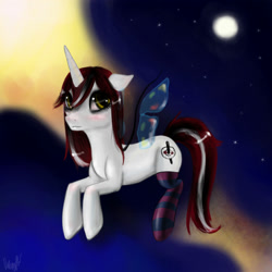 Size: 2000x2000 | Tagged: safe, artist:valeriyashyshkina, oc, oc only, pony, unicorn, artificial wings, augmented, clothes, floppy ears, magic, magic wings, ponysona, socks, solo, striped socks, wings