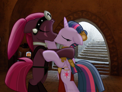 Size: 3059x2298 | Tagged: safe, artist:ejlightning007arts, tempest shadow, twilight sparkle, twilight sparkle (alicorn), alicorn, bipedal, crossover, female, jabba's palace, kissing, lesbian, oola, princess leia, return of the jedi, shipping, slave, slave leia outfit, star wars, tempestlight