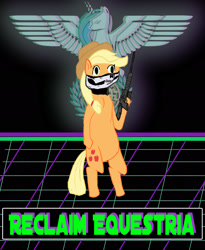 Size: 1555x1895 | Tagged: safe, artist:dashusethetrashcan, derpibooru import, applejack, earth pony, pony, applejack's hat, bipedal, cowboy hat, fashwave, gun, hat, reichsalicorn, siege, skull mask, weapon