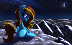 Size: 4000x2500 | Tagged: safe, artist:sweetbrew, oc, oc only, oc:ilovekimpossiblealot, pegasus, pony, cloud, moon, mountain, scenery, sky, stars