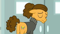 Size: 1920x1080 | Tagged: safe, screencap, cheese sandwich, earth pony, pony, the last laugh, alternate hairstyle, clothes, eyes closed, floppy ears, male, sad, solo, stallion, sweater