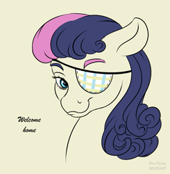 Size: 999x1018 | Tagged: safe, artist:haretrinity, bon bon, sweetie drops, pony, bust, eyepatch, portrait, simple background, smiling, solo, welcome home