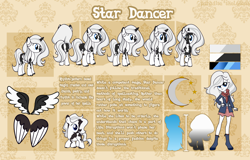Size: 5778x3700 | Tagged: safe, artist:paradiseskeletons, oc, oc only, oc:star dancer, alicorn, pony, unicorn, alicornified, dungeons and dragons, equestria girls oc, pen and paper rpg, piebald, piebald colouring, ponyfinder, race swap, reference, reference sheet, rpg, unicorn oc, wings