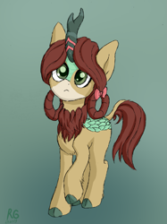 Size: 1199x1600 | Tagged: safe, artist:rainbowgearunicorn, yona, kirin, bow, cloven hooves, cute, gradient background, hair bow, kirin-ified, monkey swings, signature, simple background, solo, species swap, yonadorable