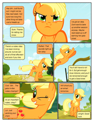 Size: 612x792 | Tagged: safe, artist:newbiespud, derpibooru import, edit, edited screencap, screencap, applejack, earth pony, pony, comic:friendship is dragons, comic, dialogue, female, freckles, jumping, looking up, mare, missing accessory, one eye closed, running, screencap comic, smiling, wink