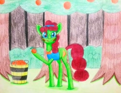 Size: 1135x876 | Tagged: safe, artist:dialysis2day, oc, oc:helen, earth pony, pony, basket, female, food, mare, orange, solo, traditional art, tree