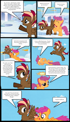 Size: 678x1178 | Tagged: safe, artist:sonicdash777, scootaloo, oc, oc:orion, pony, comic:the rainbow factory, fanfic:rainbow factory, cloudsdale