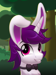 Size: 5535x7415 | Tagged: safe, artist:jhayarr23, oc, oc:lapush buns, pony, unicorn, bowtie, bunny ears, bunnycorn, bust, forest, looking at you, male, portrait, smiling, solo, stallion, tree, vector