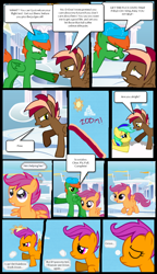 Size: 678x1178 | Tagged: safe, artist:sonicdash777, scootaloo, oc, oc:aurora, oc:orion, pegasus, pony, comic:the rainbow factory, fanfic:rainbow factory, pony creator, comic