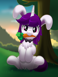 Size: 5500x7240 | Tagged: safe, artist:jhayarr23, oc, oc:lapush buns, pony, unicorn, bowtie, bunny ears, bunnycorn, carrot, carrot in mouth, food, forest, looking at you, male, mouth hold, sitting, smiling, solo, stallion, tree, vector