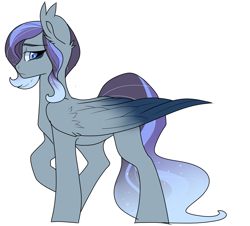 Size: 1600x1445 | Tagged: safe, artist:pillowrabbit, oc, oc only, oc:hecate, pegasus, pony, colored wings, contest entry, ear fluff, ethereal mane, female, gradient wings, kilalaverse, lidded eyes, looking at you, mare, offspring, offspring's offspring, parent:oc:artemis, parent:oc:dove, parents:oc x oc, raised hoof, simple background, solo, starry mane, white background, wings