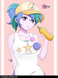 Size: 748x1000 | Tagged: safe, artist:clouddg, summer solstice (character), better together, equestria girls, five lines you need to stand in, alternate hairstyle, baseball cap, breasts, busty summer solstice, cap, cute, eyebrows visible through hair, female, food, hat, looking at you, mustard, not celestia, sauce, solo