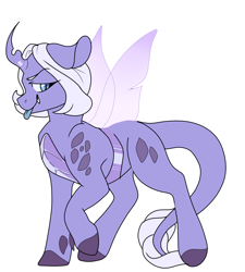 Size: 1300x1445 | Tagged: safe, artist:pillowrabbit, oc, oc only, oc:ivy, hybrid, changeling hybrid, contest entry, dragon hybrid, female, floppy ears, interspecies offspring, kilalaverse, leonine tail, lidded eyes, mare, offspring, offspring's offspring, parent:oc:crystal clarity, parent:oc:princess iridescence, parents:oc x oc, raised hoof, simple background, slit eyes, solo, tongue out, transparent wings, white background, wings