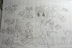 Size: 4433x2992 | Tagged: safe, artist:徐詩珮, fizzlepop berrytwist, spring rain, tempest shadow, fish, pony, turtle, unicorn, broken horn, cute, diving goggles, female, flippers, horn, lesbian, lineart, lined paper, mare, now kiss, pretty pretty tempest, sea turtle, shipper on deck, shipping, springbetes, springshadow, tempestbetes, traditional art