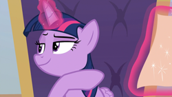 Size: 1280x720 | Tagged: safe, screencap, twilight sparkle, twilight sparkle (alicorn), alicorn, pony, the beginning of the end, chair, glowing horn, letter, magic, pointing, raised eyebrow, smiling, smirk, smuglight sparkle, solo, telekinesis
