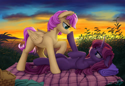 Size: 2500x1723 | Tagged: safe, artist:1jaz, oc, oc only, pegasus, pony, unicorn, bedroom eyes, blank flank, boop, female, lesbian, looking at each other, mare, oc x oc, on back, picnic, scenery, shipping, sunset, water, ych result