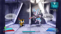 Size: 1536x864 | Tagged: safe, artist:calena, silverstream, classical hippogriff, hippogriff, robot, assault rifle, borderlands 2, claptrap, clothes, crossover, dialogue, duo, game, goggles, gun, interface, jewelry, mechromancer, rifle, safety goggles, stairs, that hippogriff sure does love stairs, weapon