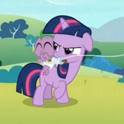 Size: 522x523 | Tagged: safe, screencap, spike, twilight sparkle, dragon, pony, sparkle's seven, baby, baby spike, cropped, diaper, dragons riding ponies, female, filly, filly twilight sparkle, kite, laughing, mouth hold, raised leg, riding, younger