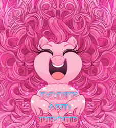 Size: 1920x2118 | Tagged: safe, artist:dragonfoxgirl, derpibooru import, pinkie pie, earth pony, pony, chest fluff, eyes closed, impossibly large mane, open mouth, poofy mane, smiling, solo