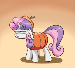 Size: 2000x1800 | Tagged: safe, artist:rocket-lawnchair, sweetie belle, pony, unicorn, clothes, costume, female, filly, nightmare night, pumpkin, solo, squint, sweetie belle is not amused, unamused