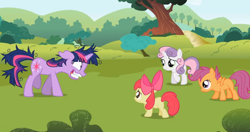 Size: 684x360 | Tagged: safe, screencap, apple bloom, scootaloo, sweetie belle, twilight sparkle, unicorn twilight, pony, unicorn, lesson zero, crazy face, faic, floppy ears, messy mane, twilight snapple