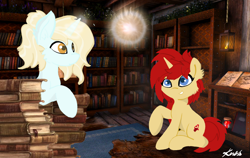 Size: 2380x1500 | Tagged: safe, artist:kotwitz, oc, oc:aria taitava, oc:legolass, pony, unicorn, book, candle, library, magic, skyrim, the elder scrolls