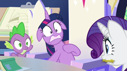 Size: 1920x1080 | Tagged: safe, derpibooru import, screencap, rarity, spike, twilight sparkle, twilight sparkle (alicorn), alicorn, dragon, pony, unicorn, sparkle's seven, book, cutie map, discovery family logo, floppy ears, friendship throne, gasp, heart attack