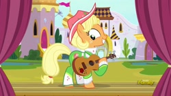 Size: 1920x1080 | Tagged: safe, derpibooru import, screencap, applejack, earth pony, pony, sparkle's seven, apple chord, discovery family logo