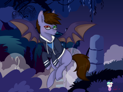 Size: 2048x1536 | Tagged: artist needed, safe, oc, oc:thunder mikhailov, bat pony, pony, bat pony oc, clothes, flying, glasses, heterochromia, hoodie, missing cutie mark, night, scenery, solo