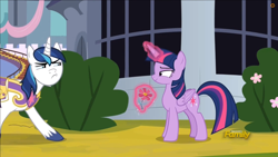 Size: 882x496 | Tagged: safe, screencap, twilight sparkle, twilight sparkle (alicorn), alicorn, pony, unicorn, sparkle's seven, bush, canterlot, discovery family logo, flower, smug, suspicious, suspicious face