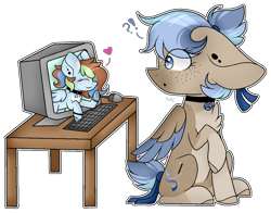 Size: 1010x792 | Tagged: safe, artist:mintoria, oc, oc only, oc:emily, oc:sugar sketch, pegasus, pony, computer, female, keyboard, mare, simple background, transparent background