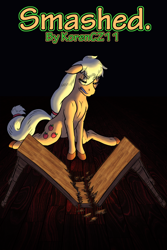 Size: 2000x3000 | Tagged: safe, artist:korencz11, derpibooru import, applejack, earth pony, pony, fanfic, fanfic art, fanfic cover, furniture, furniture abuse, hatless, missing accessory, solo, table