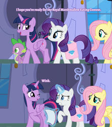 Size: 2000x2250 | Tagged: safe, derpibooru import, edit, edited screencap, screencap, fluttershy, rarity, spike, twilight sparkle, twilight sparkle (alicorn), alicorn, dragon, pegasus, pony, unicorn, the ending of the end, 2 panel comic, canterlot, caption, comic, female, image macro, implied cunnilingus, implied lesbian, implied oral, implied rarilight, implied sex, implied shipping, innuendo, male, mare, one eye closed, saddle bag, screencap comic, text, wink