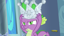 Size: 1920x1080 | Tagged: safe, screencap, spike, dragon, sparkle's seven, crown, discovery family logo, grin, hard-won helm of the sibling supreme, jewelry, male, regalia, smiling, winged spike