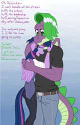 Size: 1100x1716 | Tagged: safe, artist:dirt-slayer, spike, twilight sparkle, twilight sparkle (alicorn), alicorn, anthro, dragon, alternate hairstyle, clothes, comforting, crying, pants, shirt