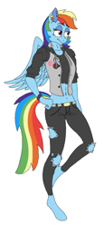 Size: 407x887 | Tagged: safe, artist:dirt-slayer, derpibooru import, rainbow dash, anthro, unguligrade anthro, alternate hairstyle, belly button, button, clothes, ear piercing, midriff, pants, piercing, shirt, torn jeans, wristband