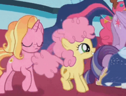 Size: 772x590 | Tagged: safe, derpibooru import, screencap, li'l cheese, luster dawn, pinkie pie, rarity, spike, twilight sparkle, twilight sparkle (alicorn), alicorn, dragon, earth pony, pony, unicorn, the last problem, animated, butt, cropped, cute, female, filly, gif, hopping, li'l cuteese, like mother like son, male, mare, mother, older, plot, pronking