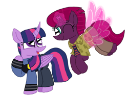 Size: 1440x1080 | Tagged: safe, artist:徐詩珮, fizzlepop berrytwist, tempest shadow, twilight sparkle, twilight sparkle (alicorn), alicorn, unicorn, artificial wings, augmented, broken horn, clothes, cosplay, costume, crossover, female, horn, judy hopps, lesbian, magic, magic wings, mare, nick wilde, shipping, simple background, tempestlight, transparent background, wings, zootopia