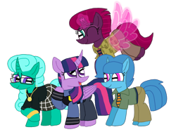 Size: 1440x1080 | Tagged: safe, artist:徐詩珮, fizzlepop berrytwist, glitter drops, spring rain, tempest shadow, twilight sparkle, twilight sparkle (alicorn), alicorn, unicorn, series:sprglitemplight diary, artificial wings, augmented, broken horn, clothes, cosplay, costume, crossover, dawn bellwether, female, flash slothmore, glasses, glitterlight, glittershadow, horn, judy hopps, lesbian, magic, magic wings, mare, nick wilde, polyamory, shipping, simple background, sprglitemplight, springdrops, springlight, springshadow, springshadowdrops, tempestlight, transparent background, wings, zootopia