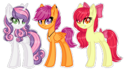Size: 1280x721 | Tagged: safe, artist:fantarianna, apple bloom, scootaloo, sweetie belle, earth pony, pegasus, pony, unicorn, bow, cutie mark crusaders, female, hair bow, mare, missing cutie mark, older, older apple bloom, older scootaloo, older sweetie belle, simple background, transparent background, trio, white outline