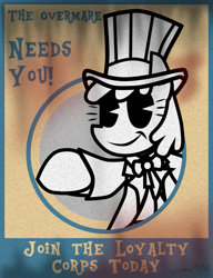 Size: 613x800 | Tagged: safe, artist:cazra, oc, oc:stable filly, earth pony, pony, fallout equestria, clothes, coat, hat, pacman eyes, patriotic, poster, propaganda, propaganda poster, stable-tec, top hat, uncle sam