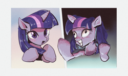 Size: 1000x600 | Tagged: safe, artist:ceitama, twilight sparkle, pony, unicorn, derp, female, horn, insanity, simple background, solo