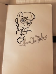 Size: 900x1200 | Tagged: safe, artist:shaxbert, silver spoon, pony, autograph, glasses, monochrome, shannon chan-kent, sketch, smug, solo, traditional art