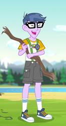 Size: 288x550 | Tagged: safe, screencap, microchips, equestria girls, legend of everfree - bloopers, camp everfree logo, camp everfree outfits, clothes, converse, cropped, glasses, laughing, legs, male, shoes, shorts, socks, solo