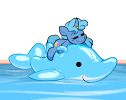 Size: 3000x2400 | Tagged: safe, artist:latexia, oc, oc only, oc:ocean shores, dolphin, pony, unicorn, eyes closed, floaty, horn, horn ring, hug, inflatable, inflatable toy, pool toy, smiling, solo, swimming pool, water