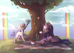 Size: 1080x771 | Tagged: safe, alternate version, artist:valentina_212004, twilight sparkle, unicorn twilight, oc, butterfly, unicorn, apple, butterfly net, cloud, cookie, cup, food, picnic, picnic blanket, rainbow, rainbow waterfall, tree