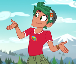 Size: 848x720 | Tagged: safe, screencap, timber spruce, equestria girls, legend of everfree, legend of everfree - bloopers, camp everfree logo, camp everfree outfits, clothes, cropped, cute, male, smiling, timberbetes