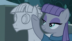 Size: 1920x1080 | Tagged: safe, screencap, maud pie, mudbriar, earth pony, pony, student counsel, adoration, agalmatophilia, bedroom eyes, boyfriend and girlfriend, caress, clothes, everfree forest, female, fond, lidded eyes, male, mare, mouth closed, night, petrification, raised hoof, rock, rockbriar, shipping, smiling, stallion, statue, straight, that pony sure does love rocks, underhoof, when she smiles