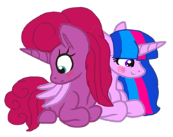 Size: 1123x890 | Tagged: safe, artist:徐詩珮, oc, oc:betty pop, oc:vesty sparkle, alicorn, pony, unicorn, alicorn oc, base used, bettyvesty, blushing, female, hug, lesbian, magical lesbian spawn, mare, next generation, oc x oc, offspring, offspring shipping, parent:flash sentry, parent:glitter drops, parent:tempest shadow, parent:twilight sparkle, parents:flashlight, parents:glittershadow, shipping, simple background, transparent background, winghug