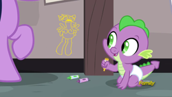 Size: 1920x1080 | Tagged: safe, edit, edited screencap, screencap, spike, twilight sparkle, dragon, sparkle's seven, testing testing 1-2-3, baby, baby dragon, baby spike, crayon, crayon drawing, cute, daaaaaaaaaaaw, diaper, discovery family logo, happy, i am not that tall, offscreen character, smiling, spikabetes, traditional art